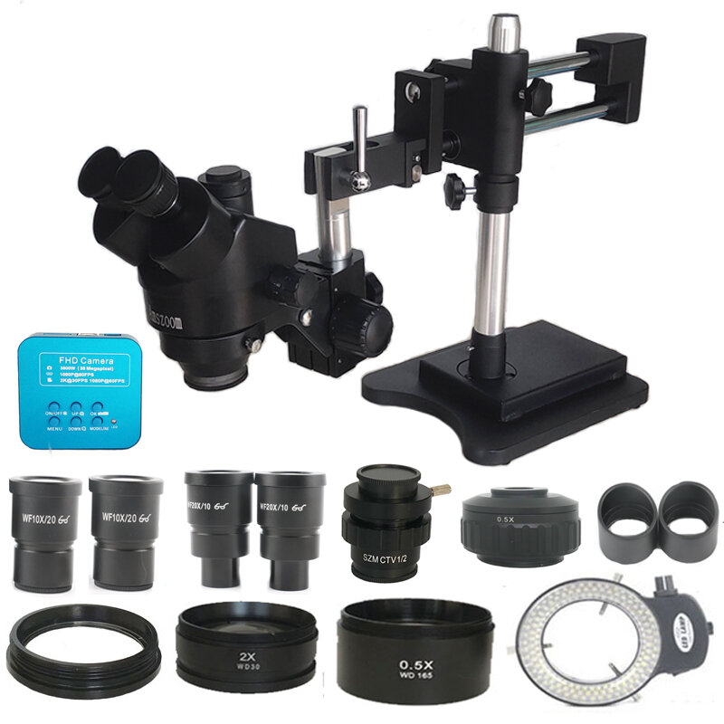 3.5X-180X Double Boom Simul Focal Trinocular Stereo Microscope 38MP Video Digital USB Microscopio Camera Phone PCB Repair Tools